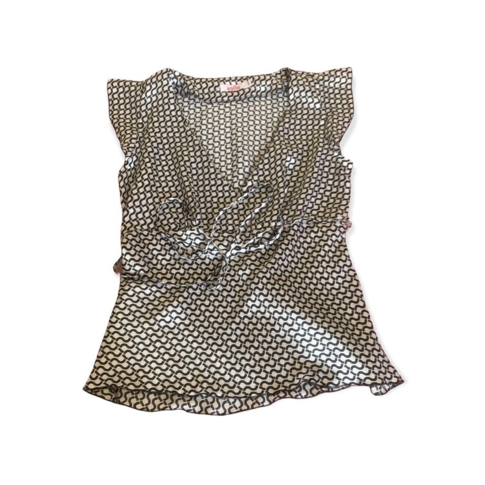 Zolla Italy Black White Geometric Satin Wrap Top Flutter Sleeve V-Neck XS